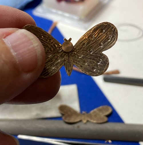 Susan LeGuyader's Butterfly Earrings - , Contemporary Wire Jewelry, Dapping, Dapping Jewelry, How To Punch Holes, Hole Punching, Punch A Hole, Texturing, Butane Torch, Soldering, Solder, Test fit your rivets in the butterfly blank hole.